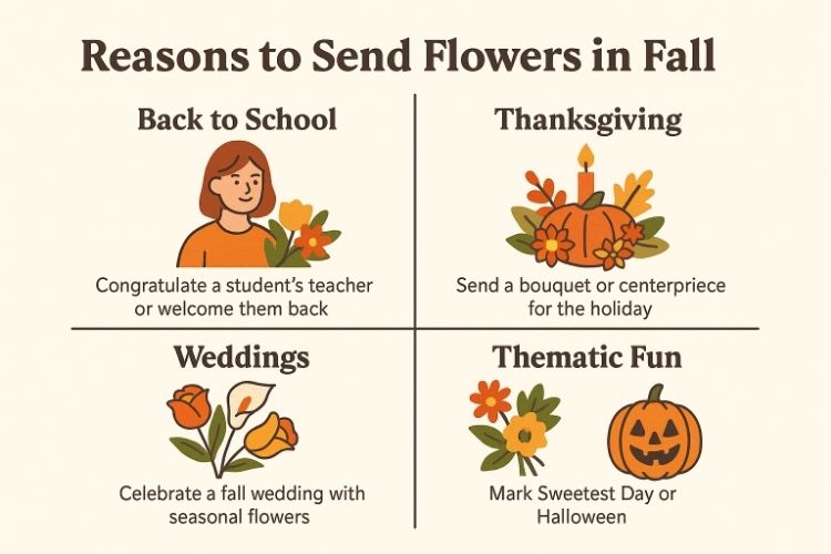 Infographic “Reasons to Send Flowers to Tempe AZ in Fall” shows back-to-school bouquet, Thanksgiving pumpkin centerpiece, fall wedding blooms, and Halloween flowers.