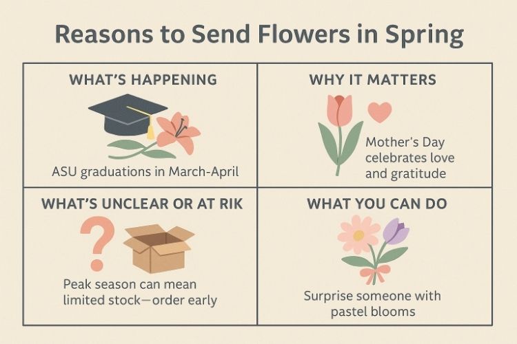 Infographic “Reasons to Send Flowers in Spring” shows ASU graduation lilies, Mother’s Day tulips, early-order tip and pastel bouquet surprise.