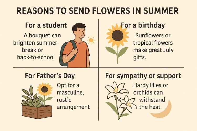 Infographic “Reasons to Send Flowers to Tempe AZ in Summer” shows student bouquet, sunflower birthday gift, rustic Father’s Day box and heat-tolerant lilies.