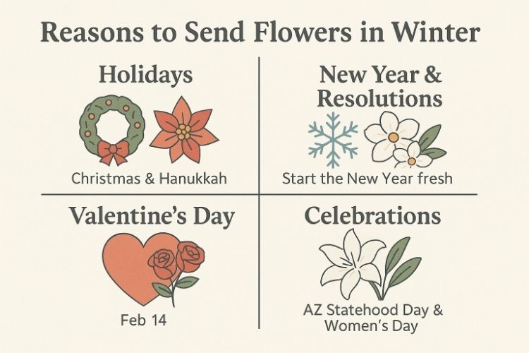 Infographic “Reasons to Send Flowers to Tempe AZ in Winter” shows holiday wreath & poinsettia, New Year blooms, Valentine roses and lilies for winter celebrations.