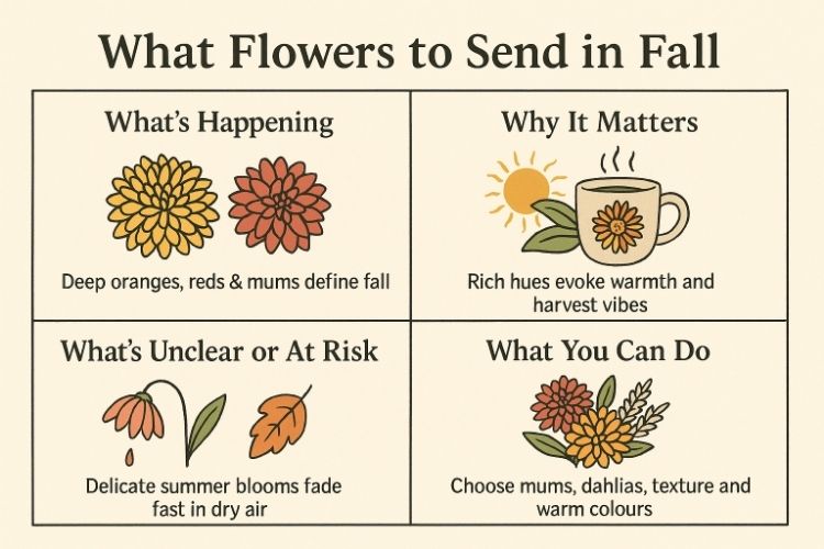 Infographic “What Flowers to Send in Fall” shows mums, dahlias, warm hues and tips on choosing long-lasting autumn bouquets.