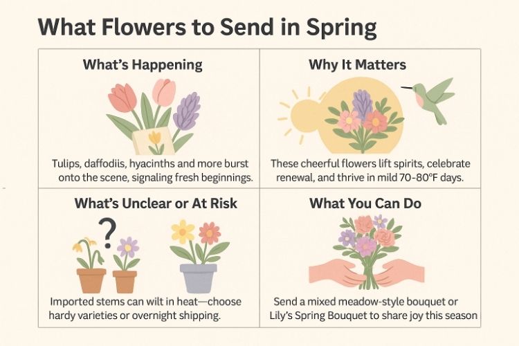 Infographic “What Flowers to Send in Spring” shows tulips, daffodils, hyacinths and advice on choosing hardy seasonal bouquets.