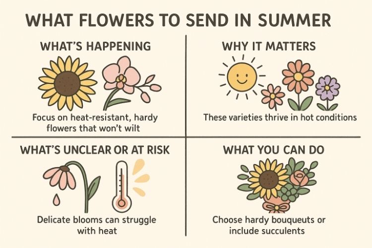 What Flowers to Send in Summer infographic: sunflowers, orchids, succulents and tips on choosing heat-resistant flowers.