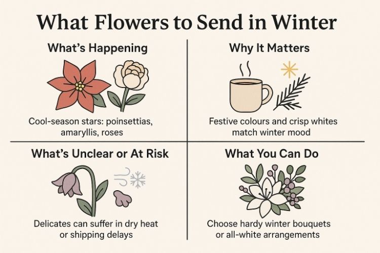 Infographic “What Flowers to Send to Tempe AZ in Winter” shows poinsettias, white lilies and tips for festive or icy bouquets.