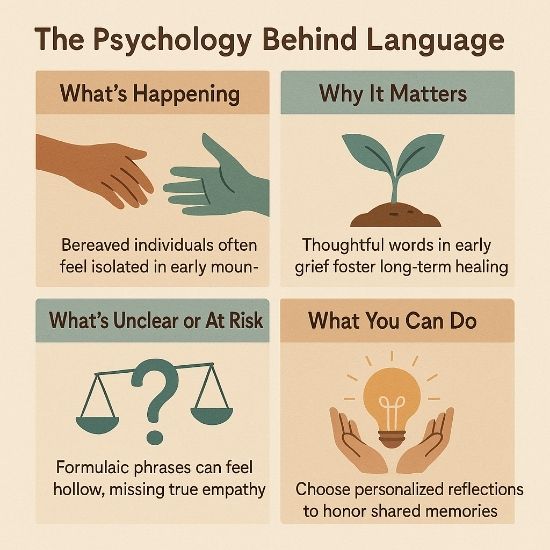 Four-panel infographic on the psychology of language in early grief support, showing isolation, healing, empathy gaps, and personalized actions.