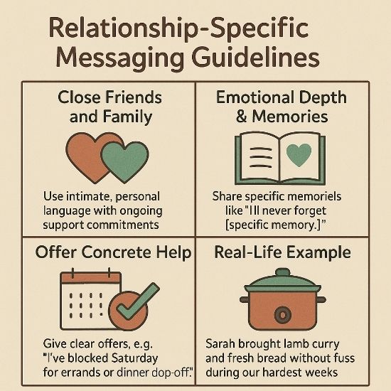Square infographic outlining relationship-specific messaging guidelines for grief support, featuring panels on close friends & family, emotional depth & memories, concrete help offers, and a real-life example.